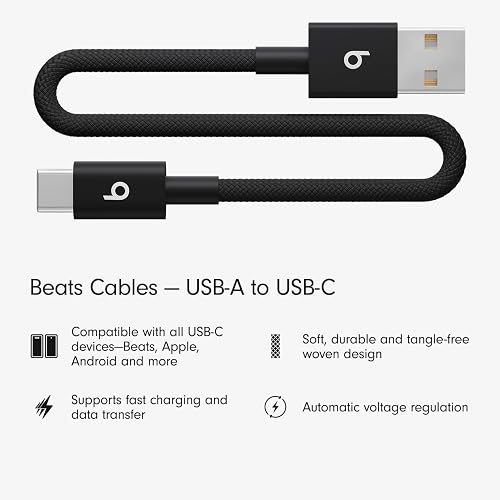 Beats Cable corto trenzado de USB-A a USB-C, carga rápida, diseño resistente que no se enreda, cargador compatible para dispositivos Apple y Android con USB-C (20 cm) — Negro eléctrico