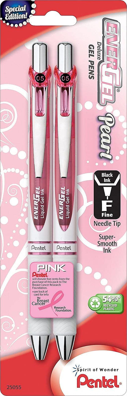 Pentel Pink BCA EnerGel Pearl Deluxe RTX Liquid Gel Pen, 0.5mm, Fine Line, Needle Tip (BLN75WBP2PA)