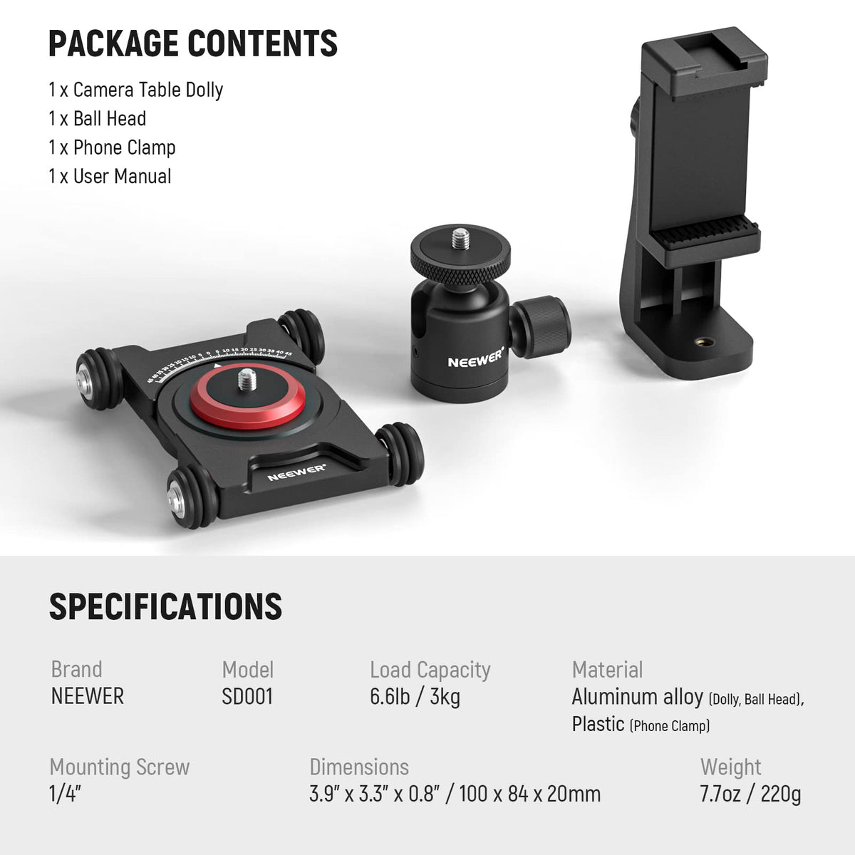 NEEWER Slider de Cámara Dolly con Rótula & Pinza para Celular, 4 Wheeled | SD001, Carro de Mesa, Patinador Manual, Panorama de 360°, para DSLR Cámara Video Videocámara GoPro iPhone Android Smartphone