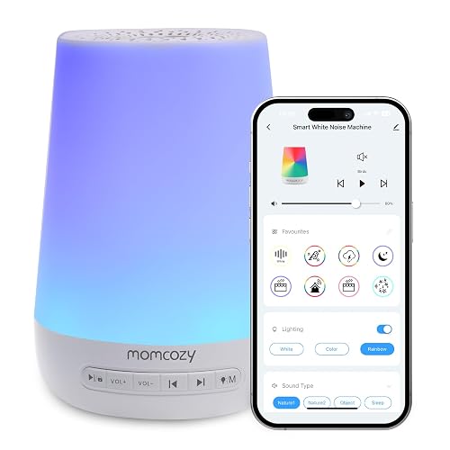 Máquina de sonidos para bebés Momcozy con Luz Nocturna | Entrenador de sueño para niños con 34 sonidos relajantes, temporizador, control por app, rutina de sueño, Blanco