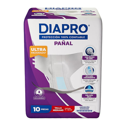 Diapro Pañal Anatómico Desechable para Incontinencia, Talla Mediana, Unisex, Caja con 40 Piezas (4 paquetes de 10 piezas c/u), con protección trasera