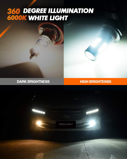 SEALIGHT H11/H8/H16 Bombillas LED Antiniebla 6000K 360° Iluminación Real 400% Más Brillo, Blanco, 2 Piezas