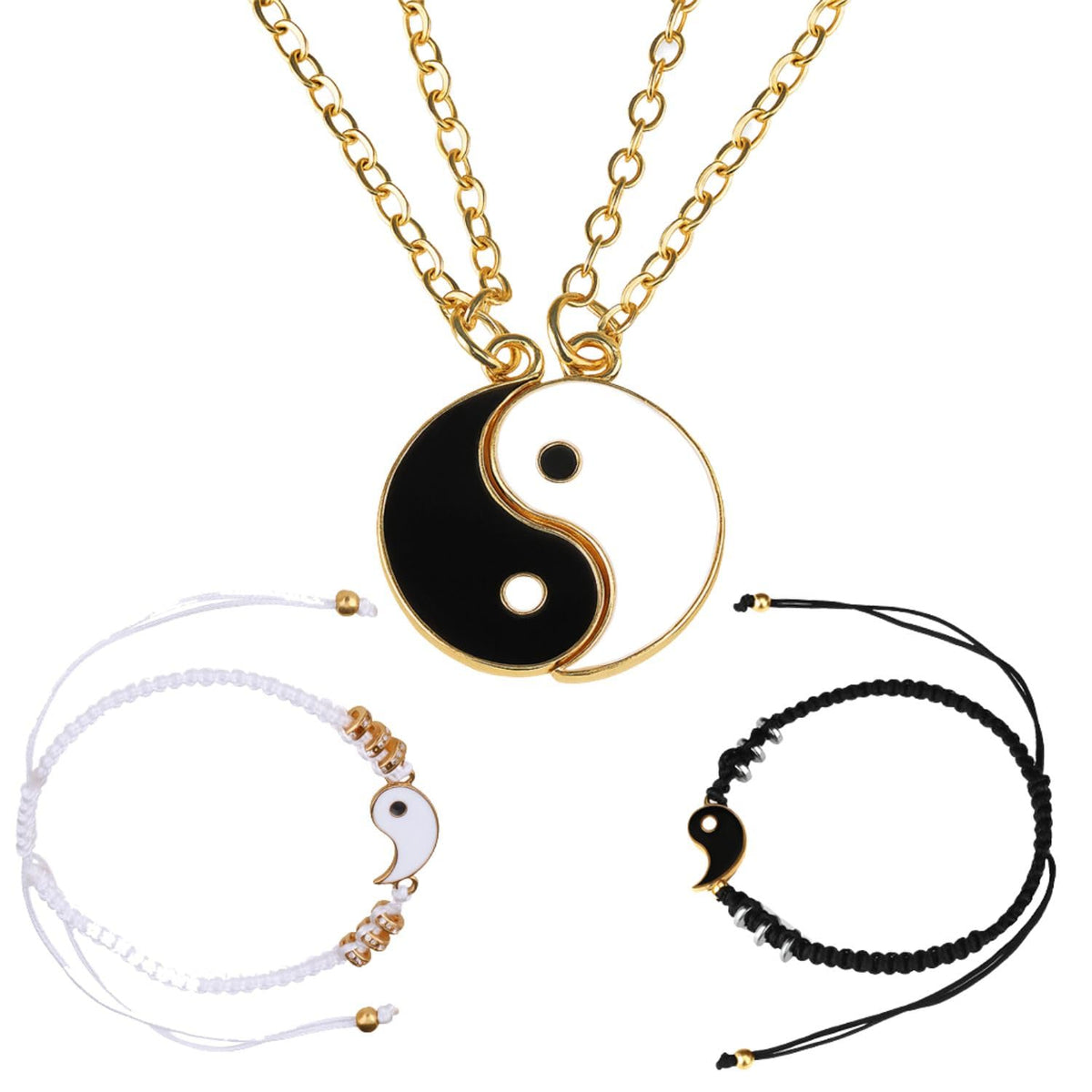 XYPHIELLE Collares para Parejas - Dijes Yin Yang que Crean el Tai Chi al Unirse, Juego de Aleación Dorada con Brazalete Tejido, Regalo para Mitades Complementarias (Aniversario, San Valentín)