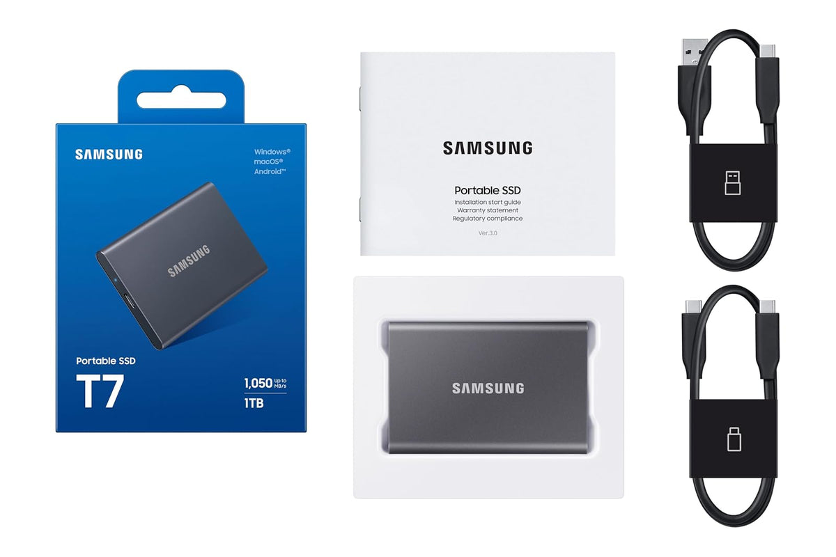 Samsung - SSD portátil T7 de 1 TB – hasta 1050 MB/s – Unidad Externa de Estado sólido USB 3.2, Gris (MU-PC1T0T/AM)
