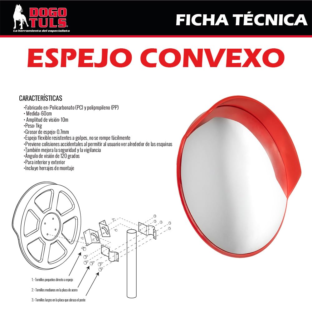DOGOTULS CT3016 Espejo convexo de seguridad 60cm (0.7mm) | 0.7mm grosor, policarbonato PC y polipropileno PP, vision 10m, angulo 120 grados, montaje interior exterior