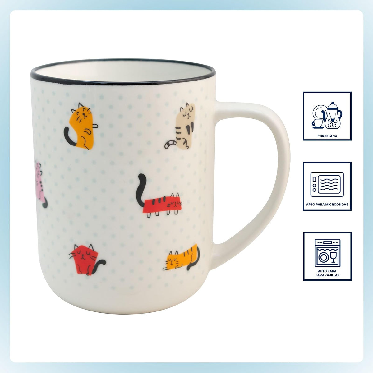 Tarro con borde negro con tematica de gatitos capacidad 620ml, taza para cafe, té, leche.