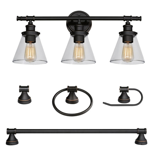 Globe Electric Parker 5-Piece All-In-One Bath Set, Oil Rubbed Bronze Finish, 3-Light Vanity, Towel Bar, Towel Ring, Robe Hook, Toilet Paper Holder, 50192
