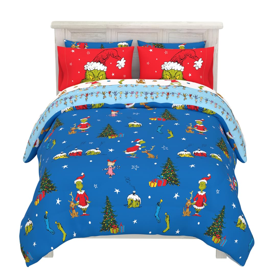 Grinch de Dr. Seuss Ropa de Cama de Vacaciones y Navidad Supersuave, Juego de Edredón y Sábanas con Funda de Almohada, 7 Piezas, Tamaño Completo (Producto Oficial de Dr. Seuss) de Franco