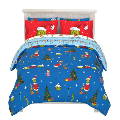 Grinch de Dr. Seuss Ropa de Cama de Vacaciones y Navidad Supersuave, Juego de Edredón y Sábanas con Funda de Almohada, 7 Piezas, Tamaño Completo (Producto Oficial de Dr. Seuss) de Franco