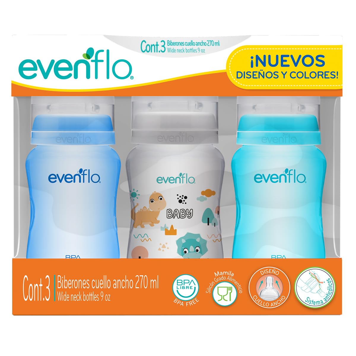 Evenflo Biberón Anticólicos Forest, Diseño de Dinosaurio, Cuello Ancho, 270ml/9oz, Azul y Turquesa, Flujo Medio, Sistema de Ventilación, 3 Piezas, para Bebés de 3 Meses en Adelante