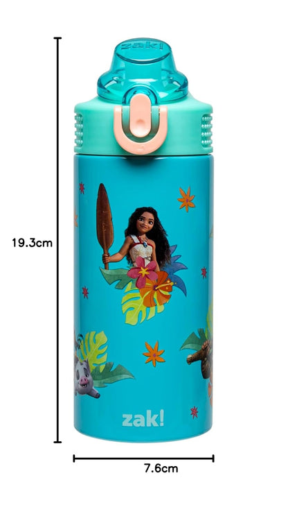 Zak Designs Disney Moana Sage - Botella de agua para niños para la escuela o los viajes, botella de agua de acero inoxidable de 14 onzas con popote, mango y a prueba de fugas, cubierta de boquilla