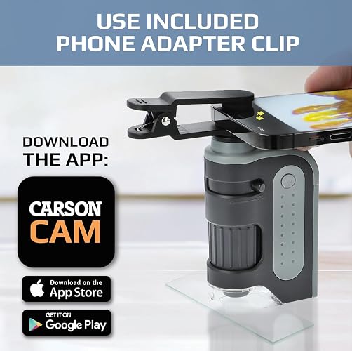 Carson Microbrite Pro - Microscopio de Bolsillo con Luz LED 60X-120x con Sistema de Lente Asférica y Clip Digital para Smartphone (MM-350)