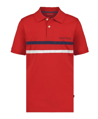 Nautica - Polo de Manga Corta con Estampado Completo, Cierre de botón, Suave y cómodo - 14-16 - Doble raya rojo de alto riesgo