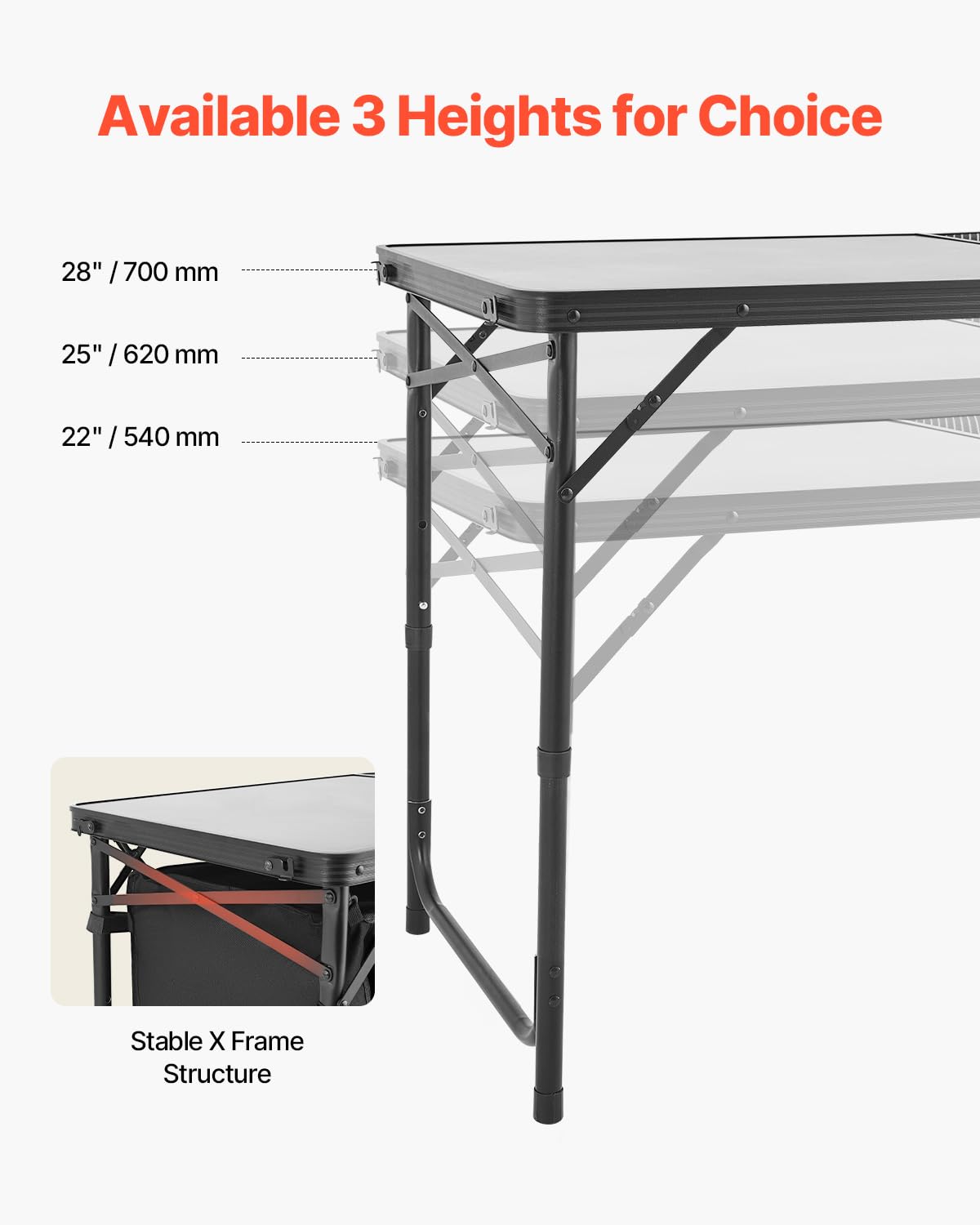 VEVOR Mesa de Cocina Plegable Portátil para Acampar, 3 Alturas Ajustables, de Aluminio, con Organizador de Almacenamiento, Asa de Transporte, para Barbacoa, Fiesta, Pícnic, Viajes en RV, Negro