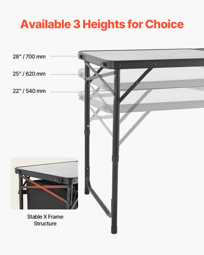 VEVOR Mesa de Cocina Plegable Portátil para Acampar, 3 Alturas Ajustables, de Aluminio, con Organizador de Almacenamiento, Asa de Transporte, para Barbacoa, Fiesta, Pícnic, Viajes en RV, Negro