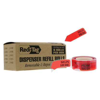 Redi-Tag Banderas de flecha autoadhesivas "Sign HERE" para documentos, bandera de página de flecha de mensaje, paquete de 6 rollos de recarga, rojo, 120 banderas por rollo (91002) - Rojo - - Firmar aquí