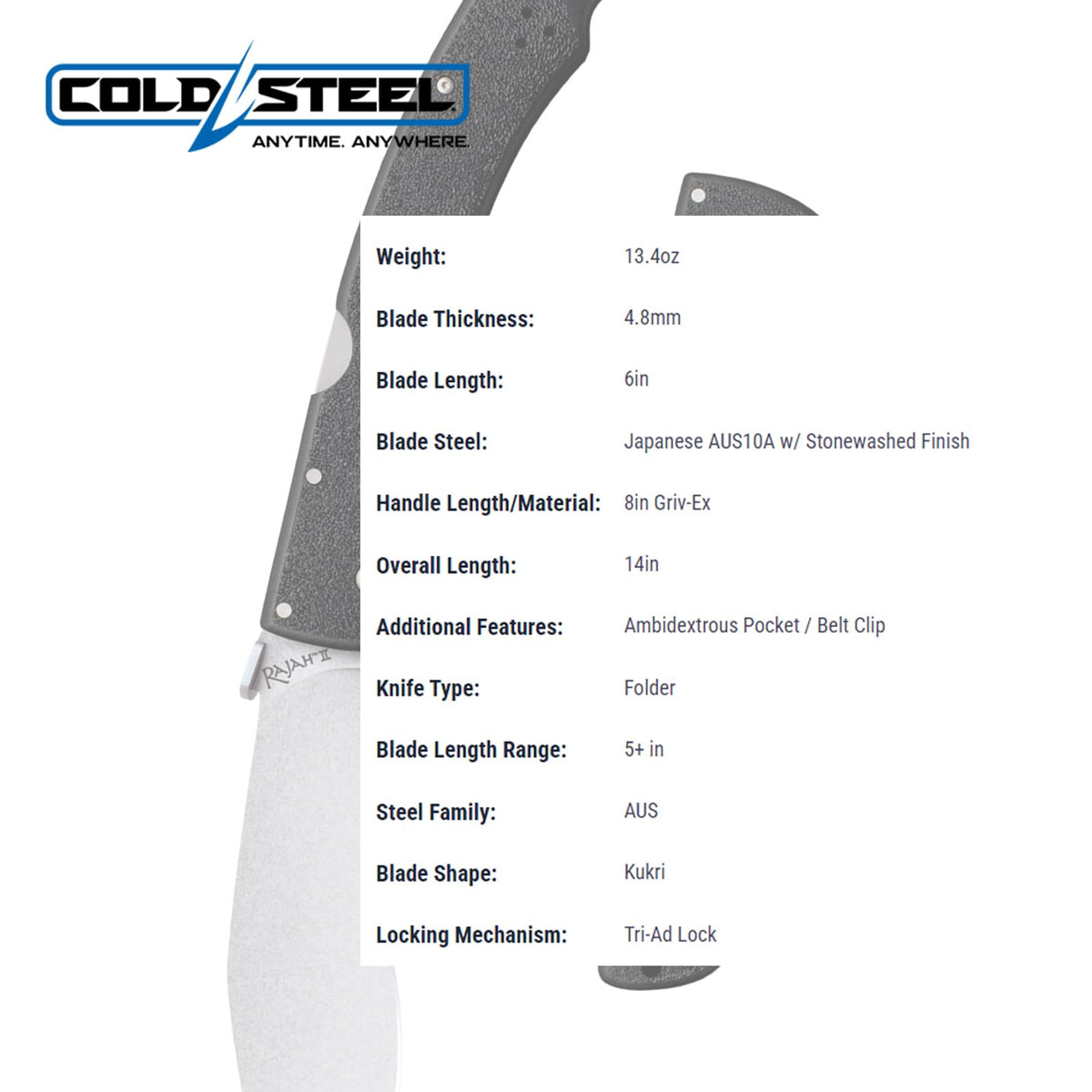 Cold Steel Rajah Series AUS10A - Cuchillo plegable táctico con mango Griv-Ex con bloqueo de triple anuncio, bolsillo ambidiestro y clip para cinturón