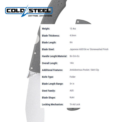 Cold Steel Rajah Series AUS10A - Cuchillo plegable táctico con mango Griv-Ex con bloqueo de triple anuncio, bolsillo ambidiestro y clip para cinturón
