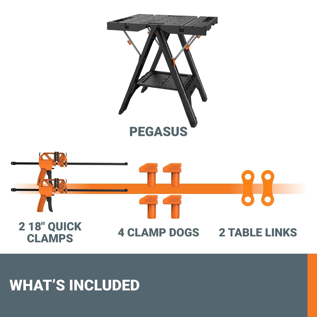 Worx WX051 Pegasus Mesa de trabajo multifunción y caballete con prensas y clavijas de sujeción
