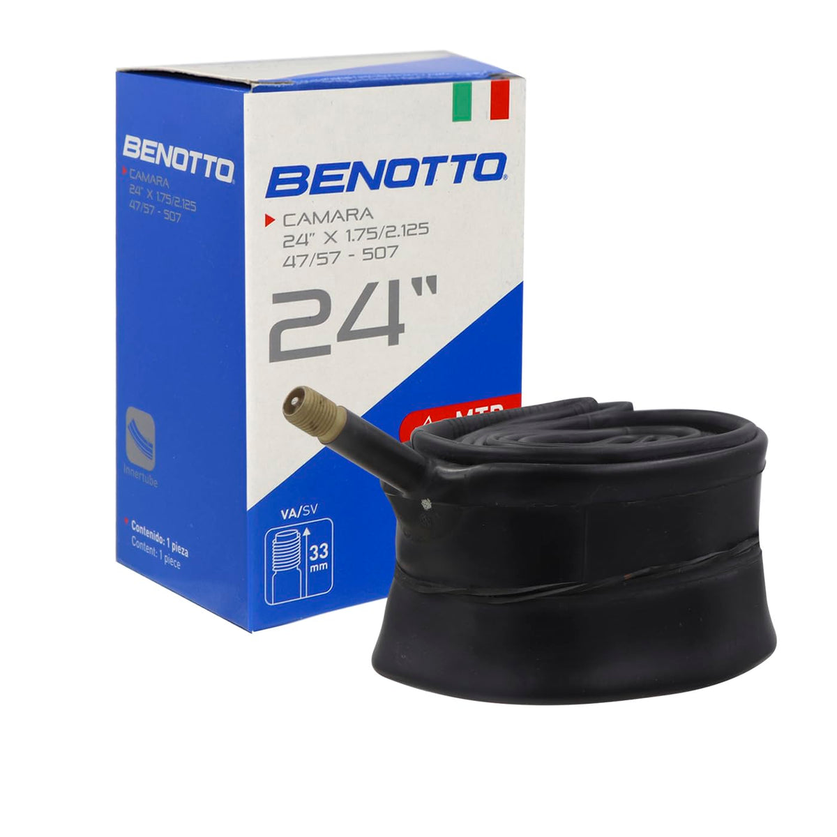 Benotto Cámara 24x1.75-2.125 ‍ | MTB Montaña | Válvula Presta 33mm | Resistente y Fácil de Instalar