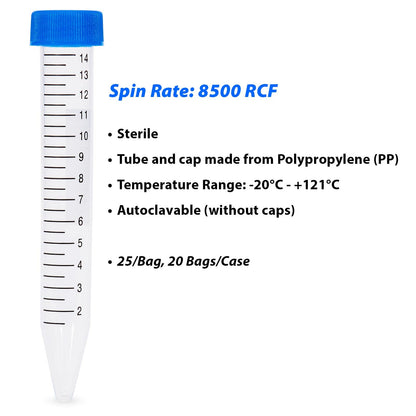 Globe Scientific Tubo de Centrífuga de Polipropileno 15 ml Estéril Tapa Azul