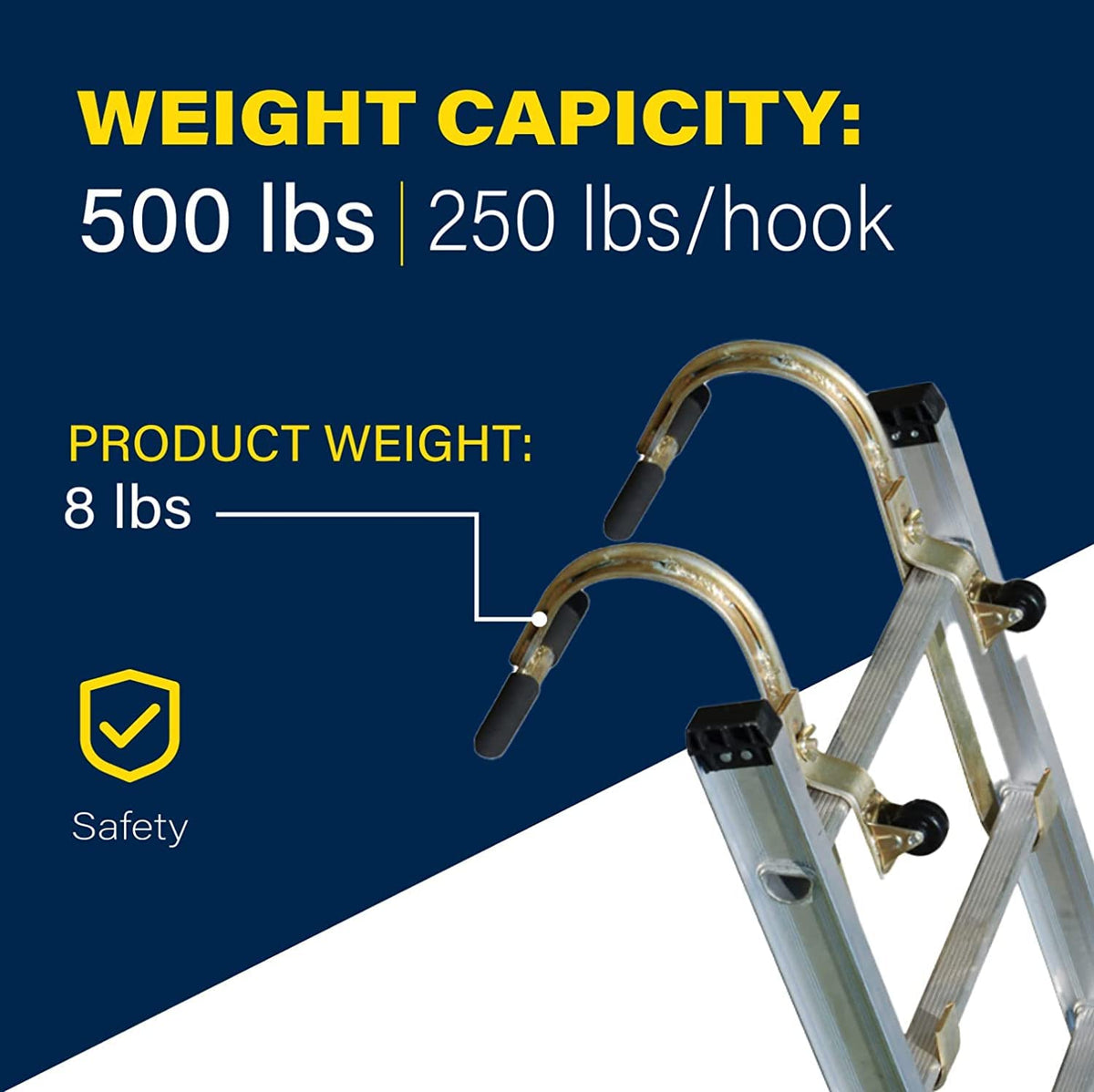 Paquete de 2 ganchos de techo de escalera de acero galvanizado resistente con rueda, agarre de goma en T para prevención de daños, instalación rápida y fácil para acceder a techos empinados