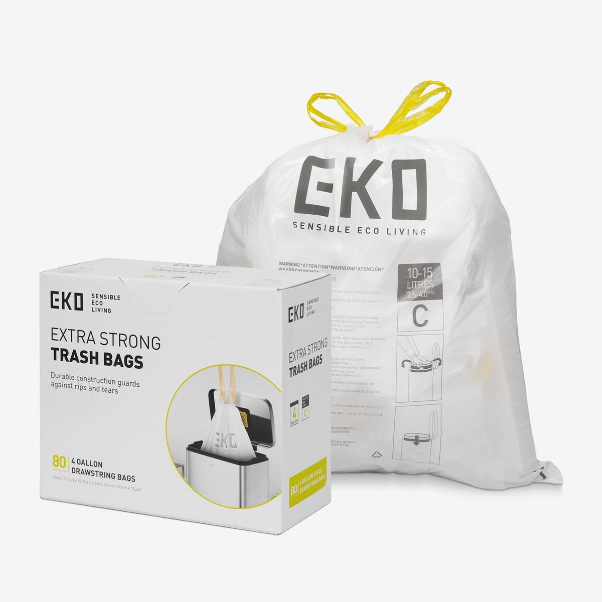 EKO Bolsas de Basura Tamaño C. 10-15 Litros. 80 unidades Caja dosificación fácil. Compatible con bote de basura EKO, uso en cocina, doméstico, extrafuertes, con cordón