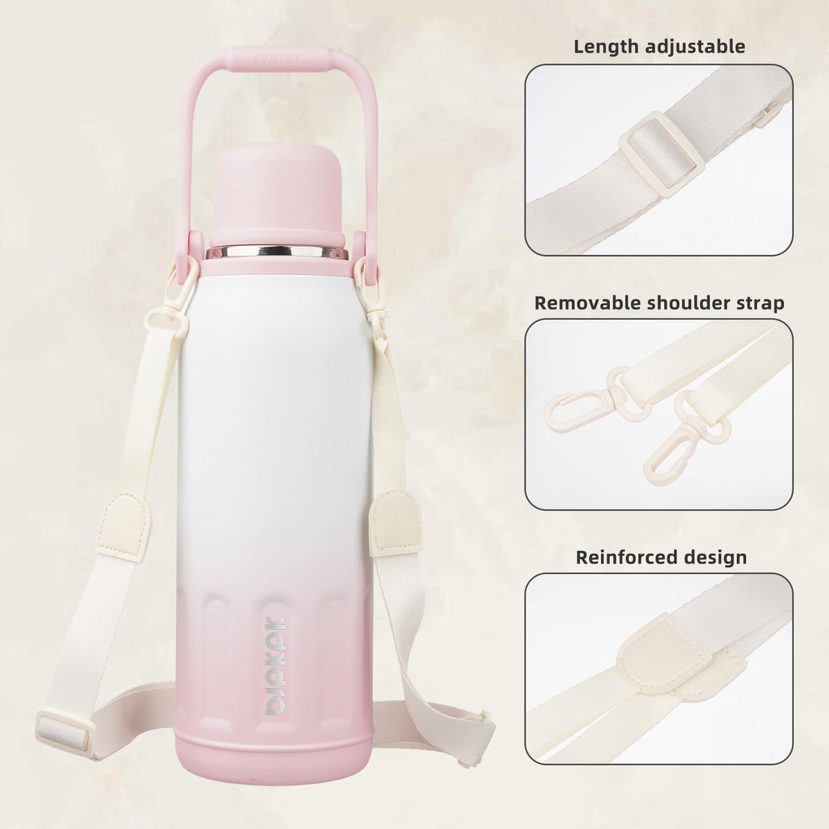 BJPKPK Botella de agua térmica aislada de 50 onzas con tapa y asa de transporte, apta para lavaplatos, botellas de agua de acero inoxidable para exteriores, perla rosa