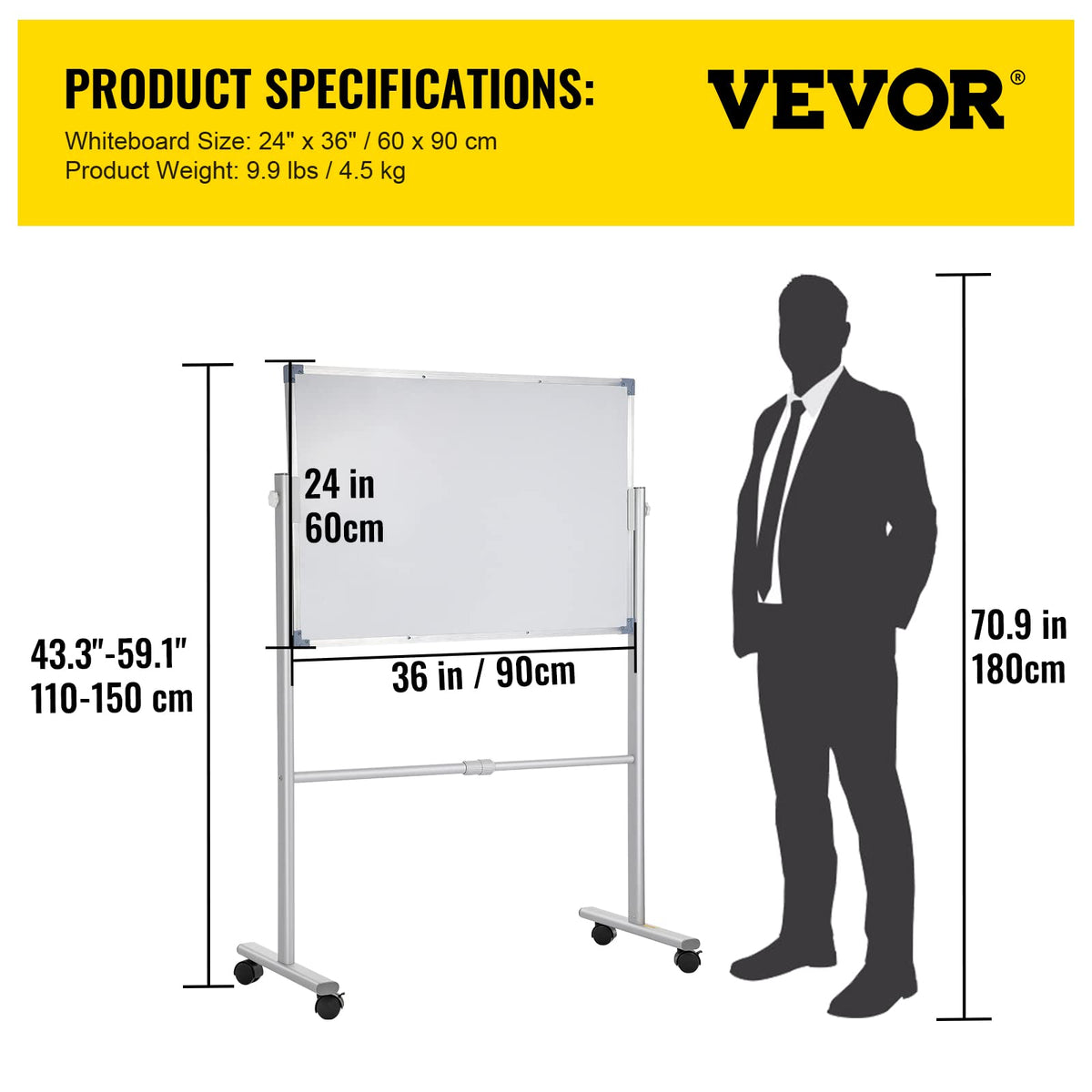 VEVOR - pizarrón blanca magnética móvil, 36 x 24 pulgadas, doble cara, reversible de 360 grados, tabla de borrado en seco, altura ajustable con marco de aluminio y ruedas giratorias bloqueables, para