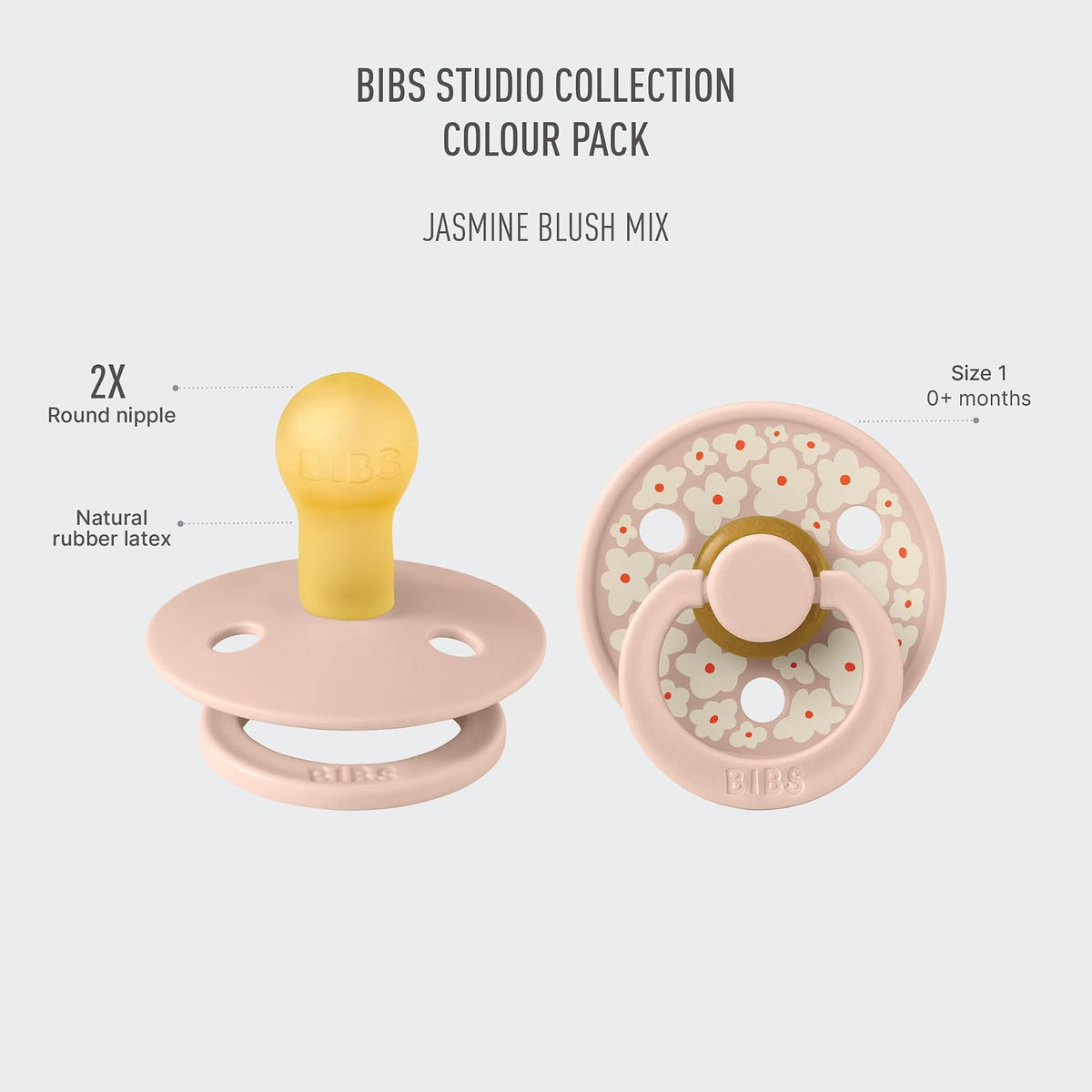 BIBS Chupones Studio Block Colour Pack de 2, Tetina redonda de látex natural, Talle 1, Color Blush Mix, 0 a 6 meses, Hecho en Dinamarca