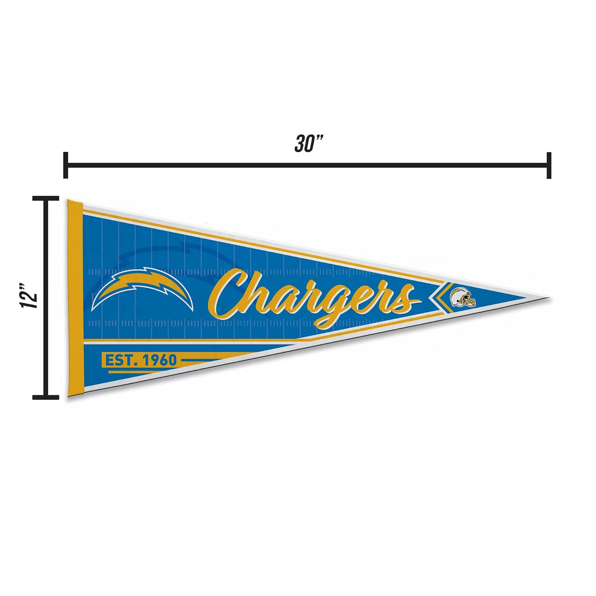 Rico Industries NFL Los Angeles Chargers - Banderín clásico de fieltro suave de 12 x 30 pulgadas, fácil de colgar, decoración del hogar (sala de juegos, cueva de hombre, habitación de cama)