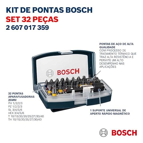 Bosch Kit de Puntas 32 Piezas con Adaptador Hexagonal ¼″ – Juego Universal de Atornillado y Fijación para Taladro/Atornillador