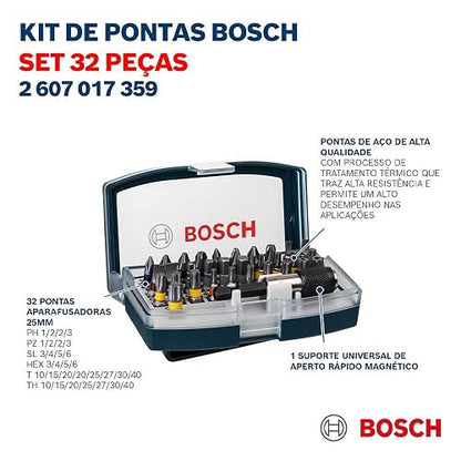 Bosch Kit de Puntas 32 Piezas con Adaptador Hexagonal ¼″ – Juego Universal de Atornillado y Fijación para Taladro/Atornillador