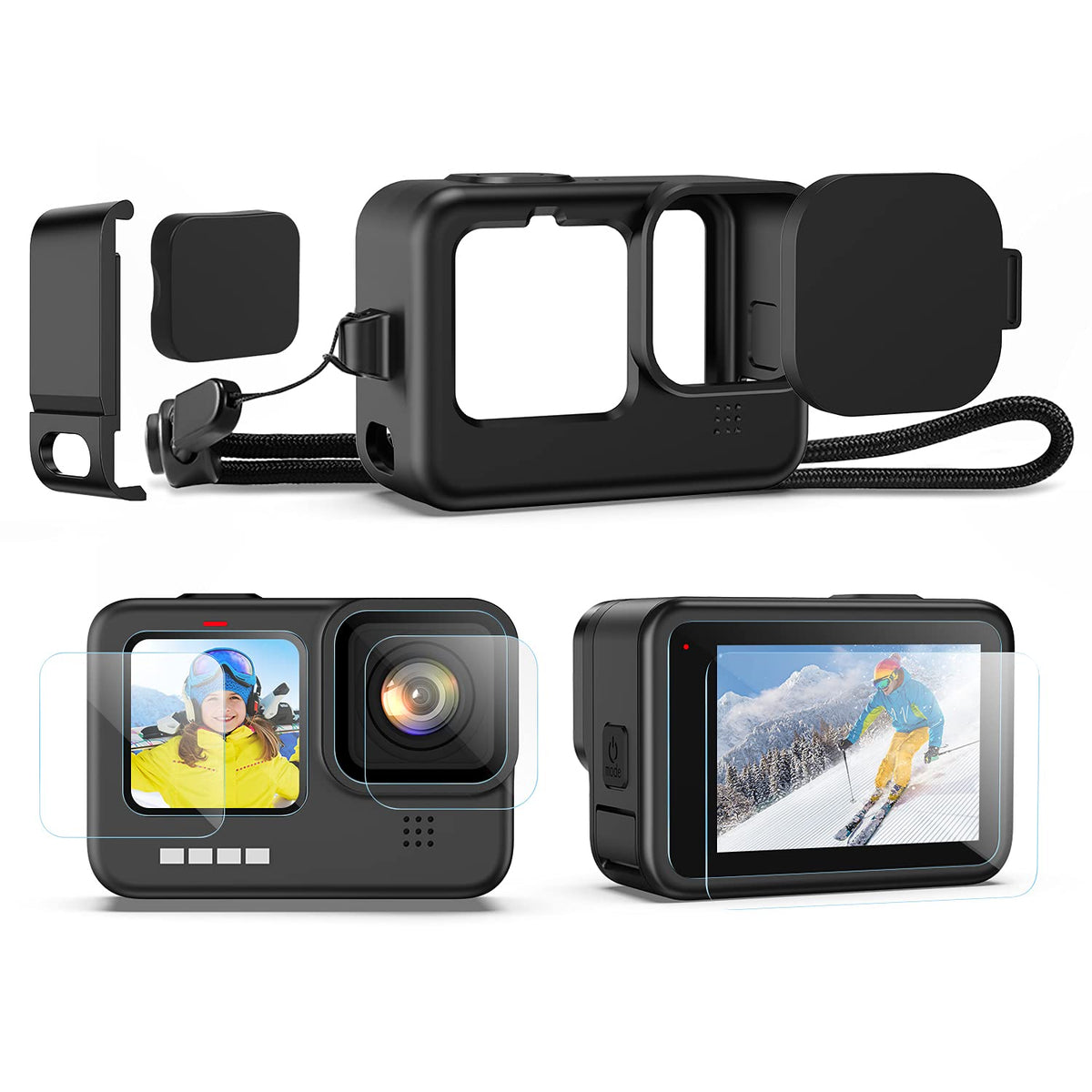 Kuptone Funda de silicona para GoPro Hero 11 Hero 10 Hero 9, 6 protectores de visualización de vidrio templado + puerta lateral + tapas de lente para Go Pro Hero 11/10/9 Kit de accesorios