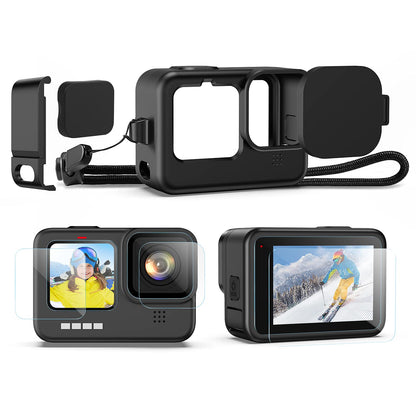Kuptone Funda de silicona para GoPro Hero 11 Hero 10 Hero 9, 6 protectores de visualización de vidrio templado + puerta lateral + tapas de lente para Go Pro Hero 11/10/9 Kit de accesorios