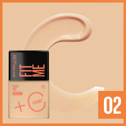Maybelline Base de maquillaje Fit Me Fresh Tint 02, 30 ml, larga duración, alta cobertura, para todo tipo de piel, fórmula con Vitamina C y protector solar FPS50