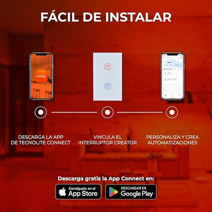 Tecnolite Connect - Apagador Inteligente Táctil WiFi 2 Circuitos, Sin Cable Neutro, Compatible con App móvil, Alexa, Google y Siri, Interruptor Inteligente