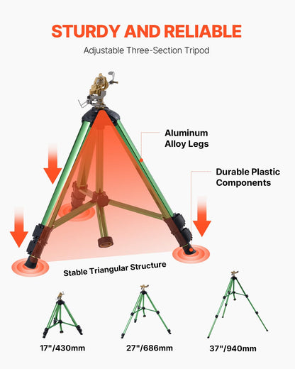 VEVOR Aspersores de Impacto con trípode, Paquete de 2, Cabezal latón 360° | Para céspedes, jardines y patios grandes, dos aspersores trípode de alta resistencia con altura ajustable y amplia cobertura.