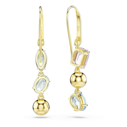 arete de gota Swarovski Gema, diseño asimétrico, corte mixto, multicolor, baño dorado