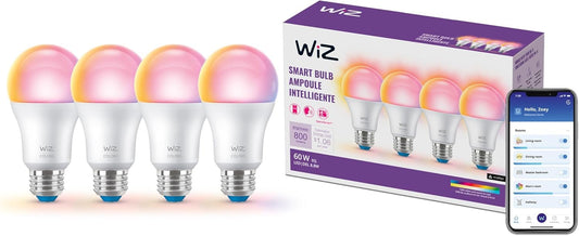 WiZ Paquete de 4 Focos Inteligentes LED A19 con Luz Multicolor 8.8W Compatible con Alexa y WiFi