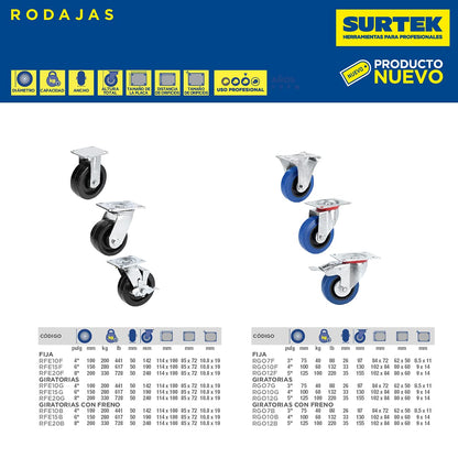 Surtek Rodaja de goma elástica giratoria con freno 5"