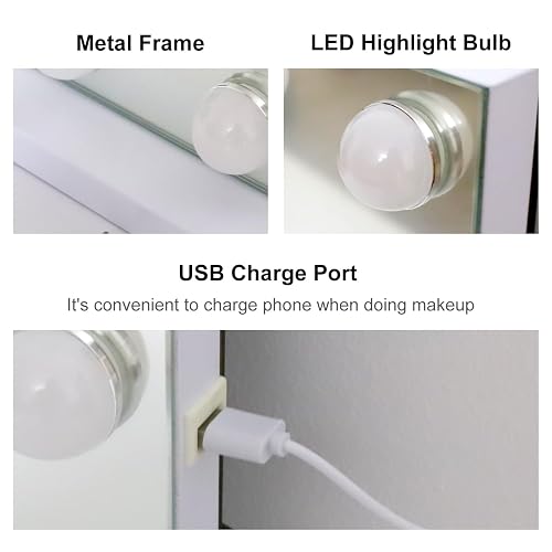 Despful - Espejo de Maquillaje con Luces de 80 x 59 cm, 10 Espejos Grandes con iluminación de Hollywood con 24 Bombillas LED Regulables, 3 Modos de Color, Control táctil para recámara, Mesa o Pared,