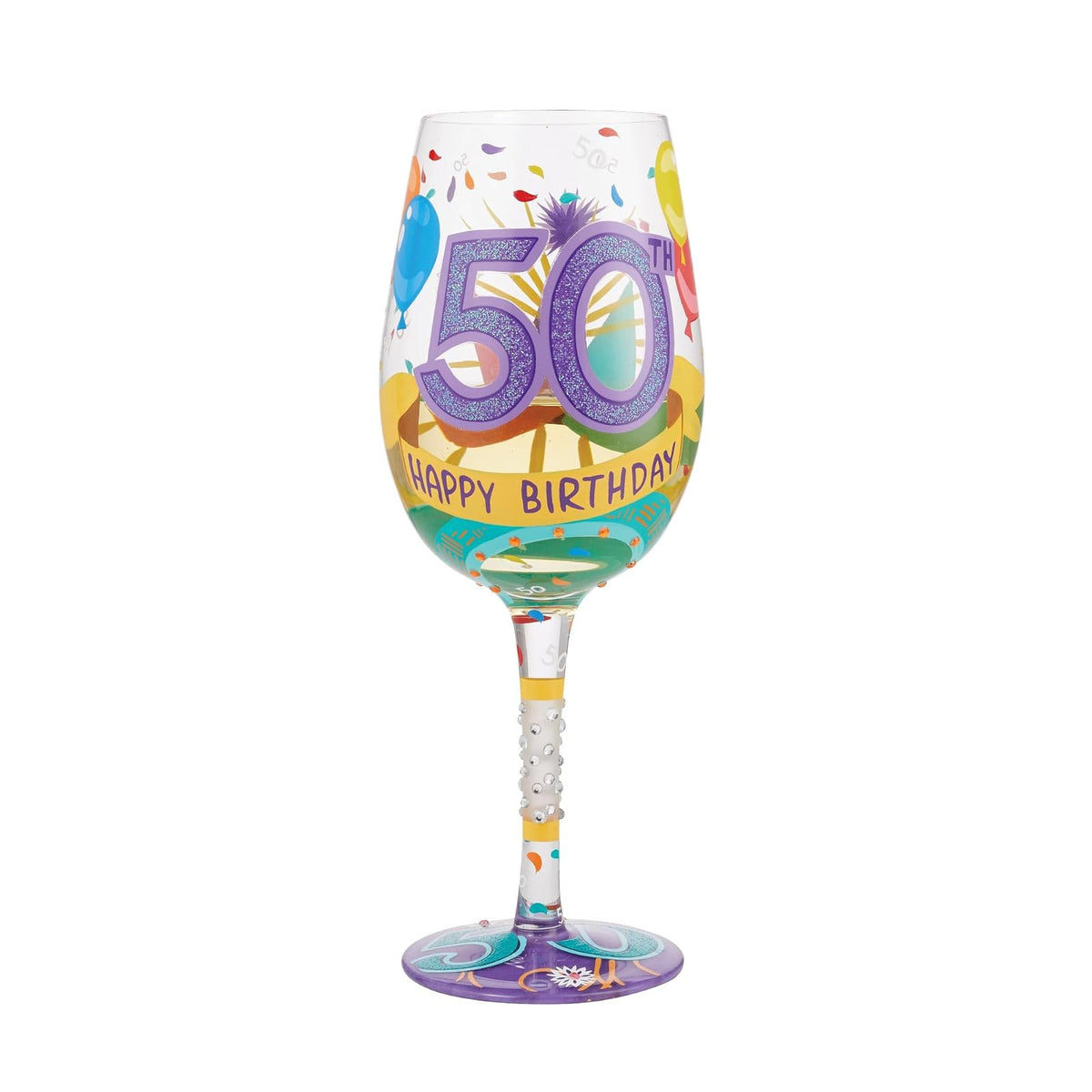 Enesco Designs by Lolita Happy 50th Birthday - Copa de vino artesanal pintada a mano, 15 onzas, multicolor