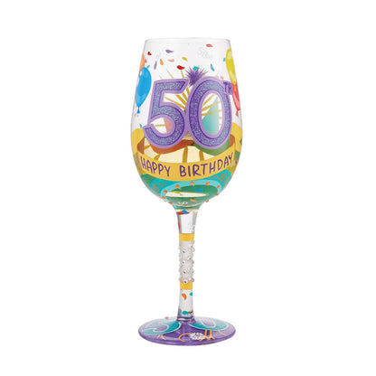 Enesco Designs by Lolita Happy 50th Birthday - Copa de vino artesanal pintada a mano, 15 onzas, multicolor