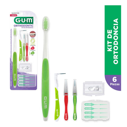GUM - Kit de Cuidado Bucal para Ortodoncia con Cepillo Especializado en Forma de V, Cera Protectora, Cepillos Interdentales y Palillos Soft Picks con Sabor a Menta - Modelos y Colores Surtidos
