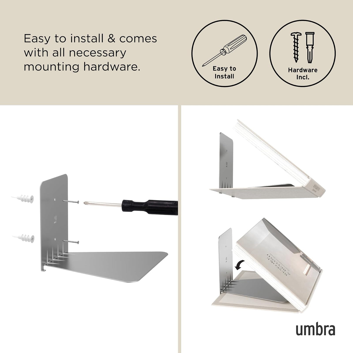 Umbra Conceal Shelf | Acero con recubrimiento en polvo, soporta 15 libras cada uno, muestra decoración o plantas, incluye accesorios de montaje