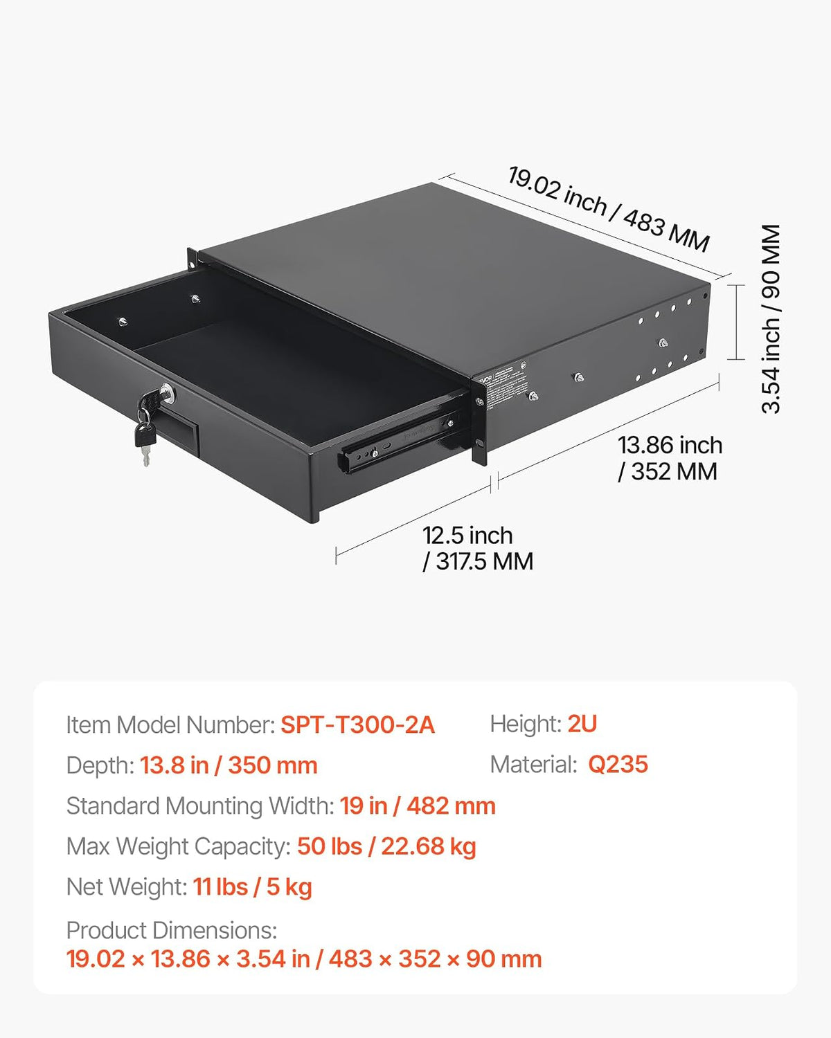 VEVOR Cajón para Montaje en Rack de 2U, Carga de 22,68 kg, Cajón Deslizante con Cerradura y Orificios para Gestión de Cables, para Rack o Gabinete de AV para Servidores de Equipos de Red de 48,26 cm
