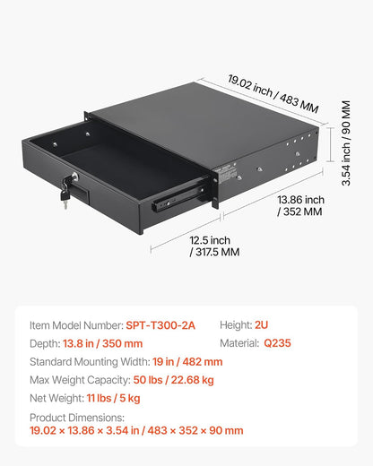 VEVOR Cajón para Montaje en Rack de 2U, Carga de 22,68 kg, Cajón Deslizante con Cerradura y Orificios para Gestión de Cables, para Rack o Gabinete de AV para Servidores de Equipos de Red de 48,26 cm