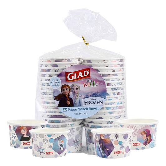 Glad para Niños Disney Frozen Cuencos de Papel 6oz, 32 Unidades | Tazas de Anna y Elsa para Meriendas | Uso Diario Infantil