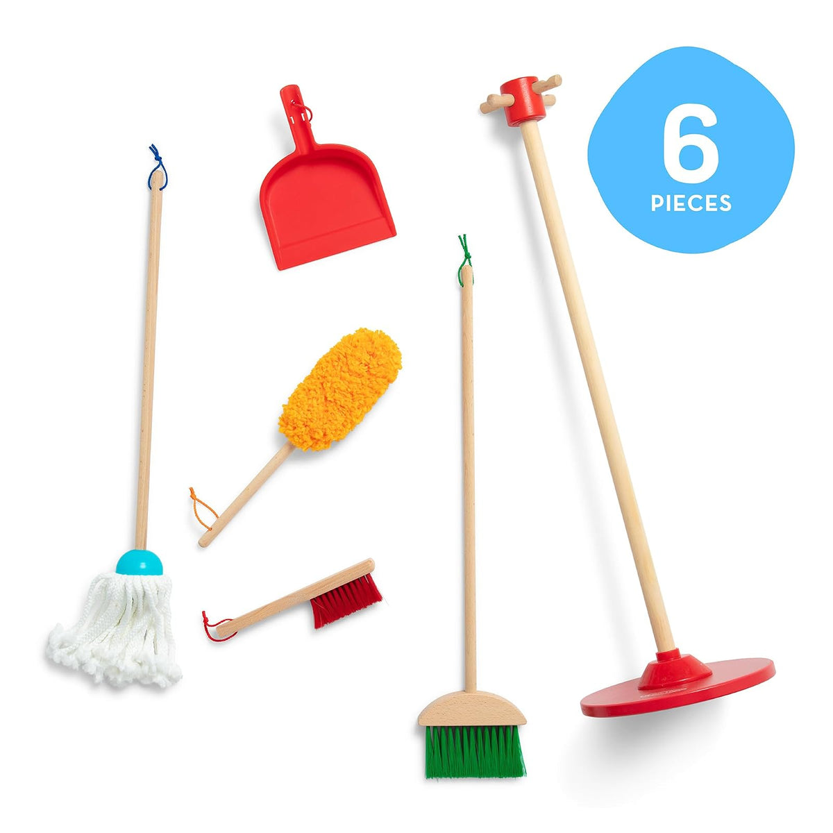Melissa & Doug ¡Juguemos de Casita! Juego de Limpieza: ¡Desempolvar, Barrer, Fregar! Set de Juego de Imitación de Tamaño para Niños, con Escoba, Trapeador, Plumero y Base (6 Piezas)